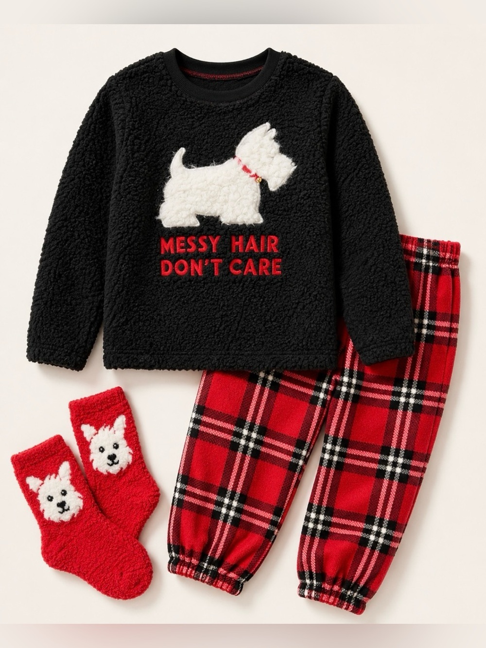 Kids SCOTTIE DOG PJ Set Long Sleeve Top, Velour PJ Bottom & Fuzzy Socks